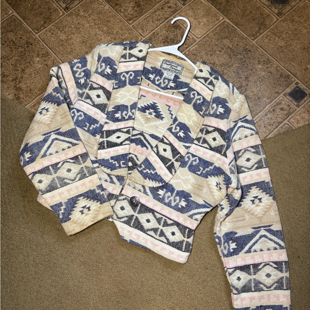 Southwestern Pattern Cropped Knit Blazer in Navy, Cream & Pink